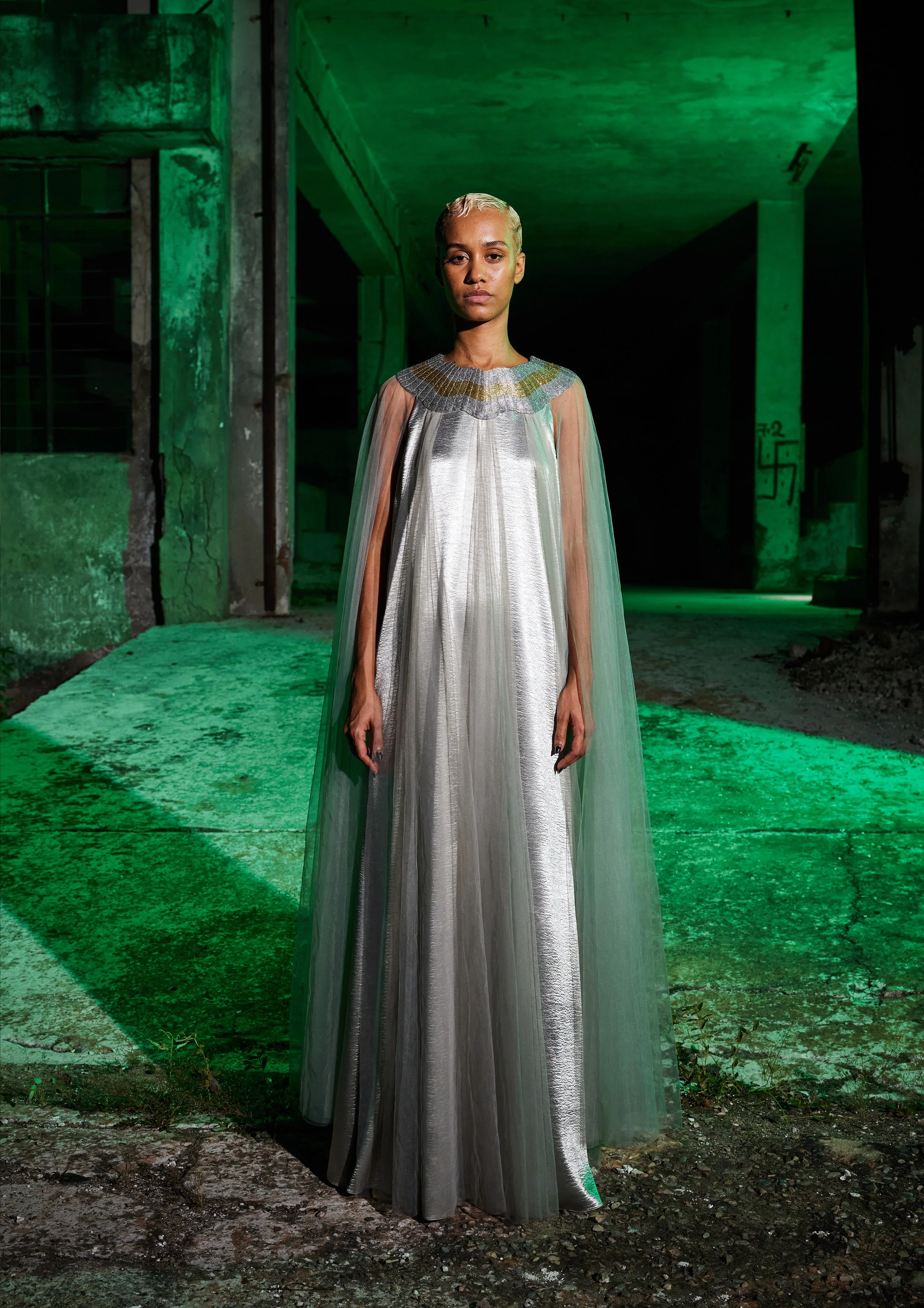 The Metallic Wave Yoke Tulle Kaftan — A K H L